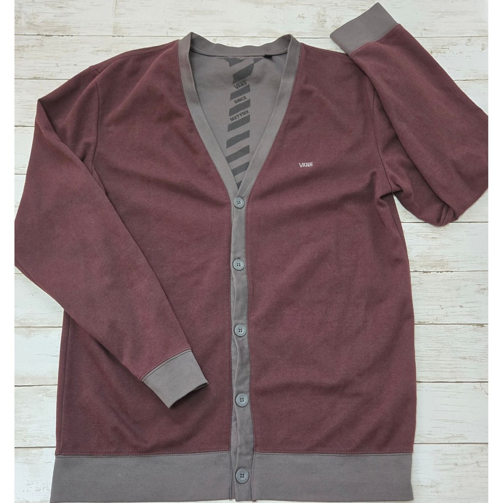 VANS Poly Cotton Button-Up Cardigan Size XL Maroon Gray TIE Printed Inside Logo